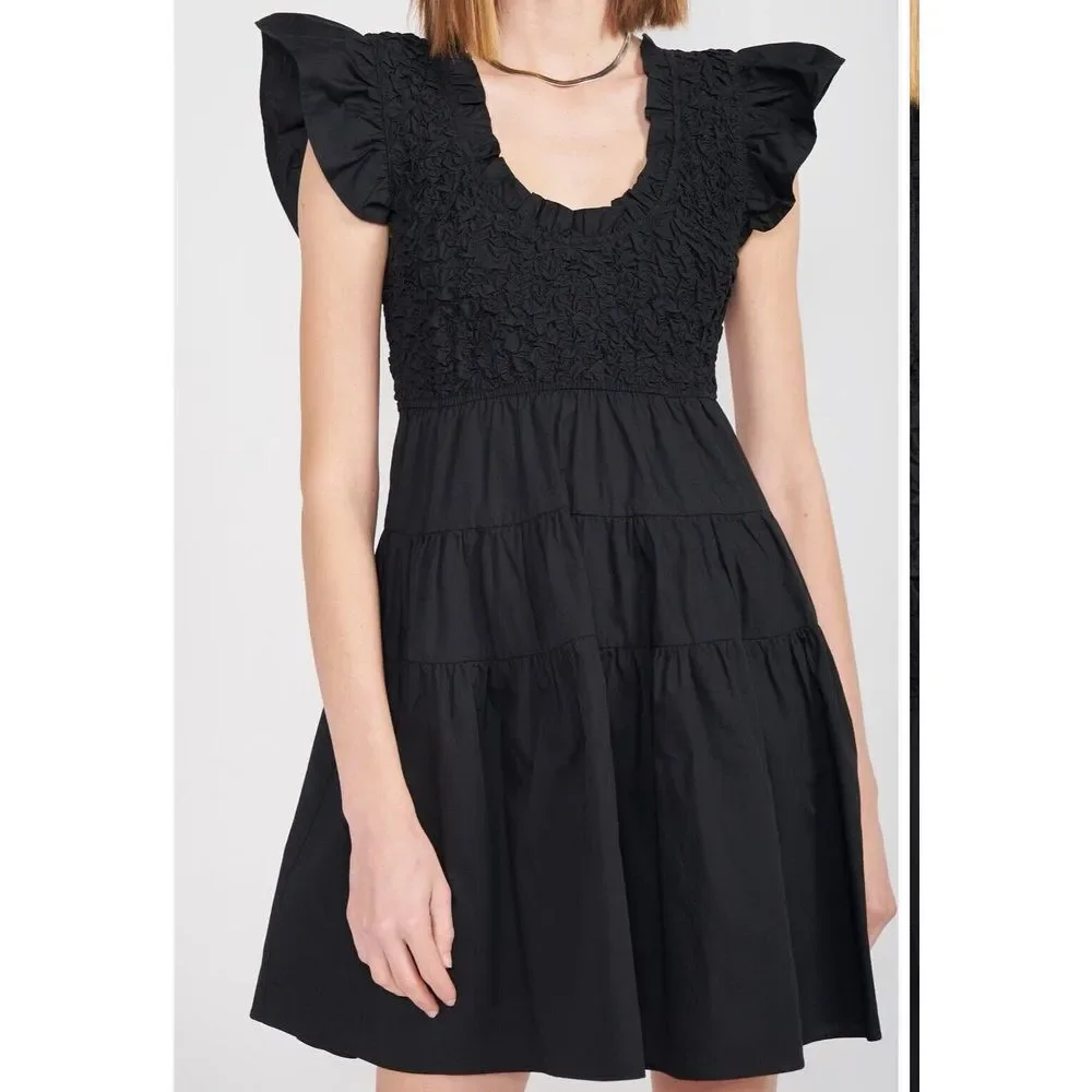 en saison Black Matisse Flutter Women Dresses Smocked Size Medium Stretchy - Picture 7 of 8